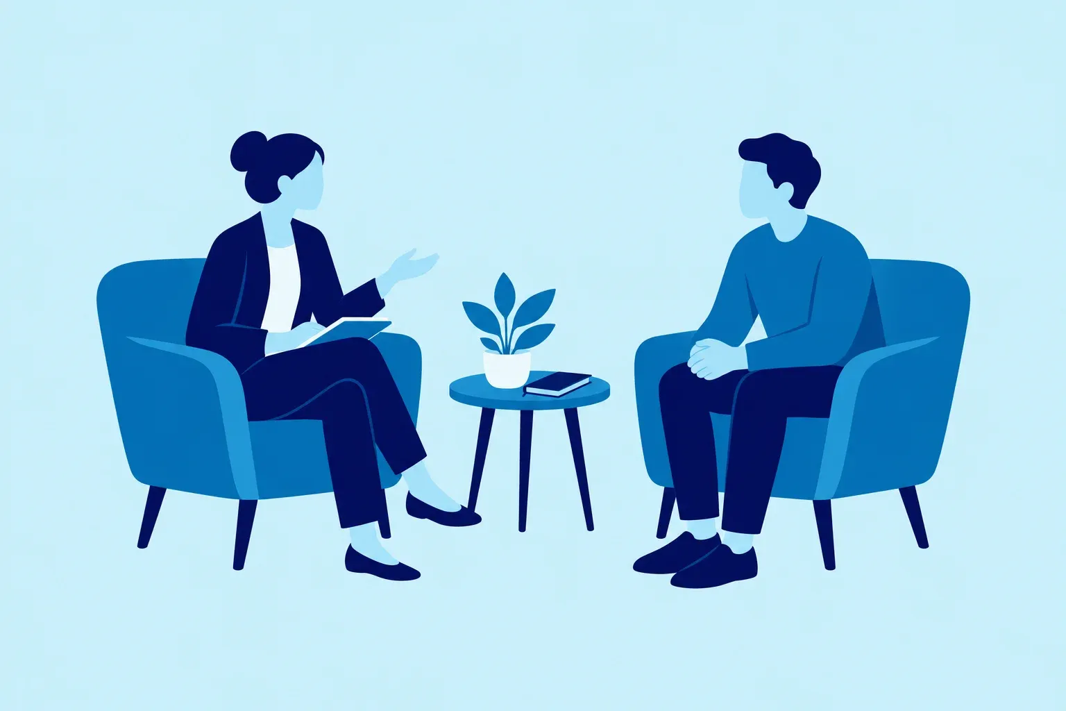 Illustration of a psychologist and a client talking in armchairs