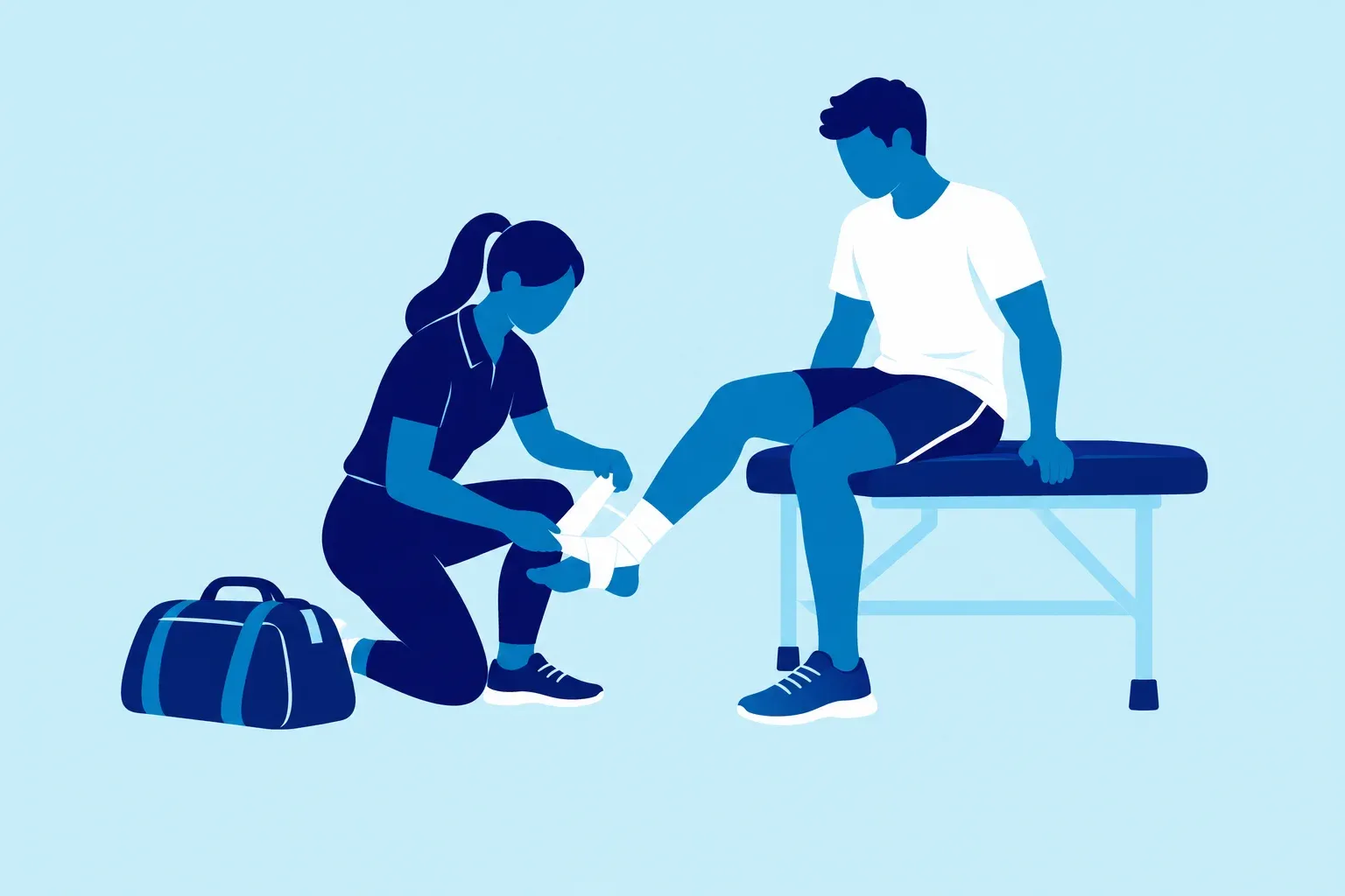 Illustration of a sports therapist taping an athlete's ankle
