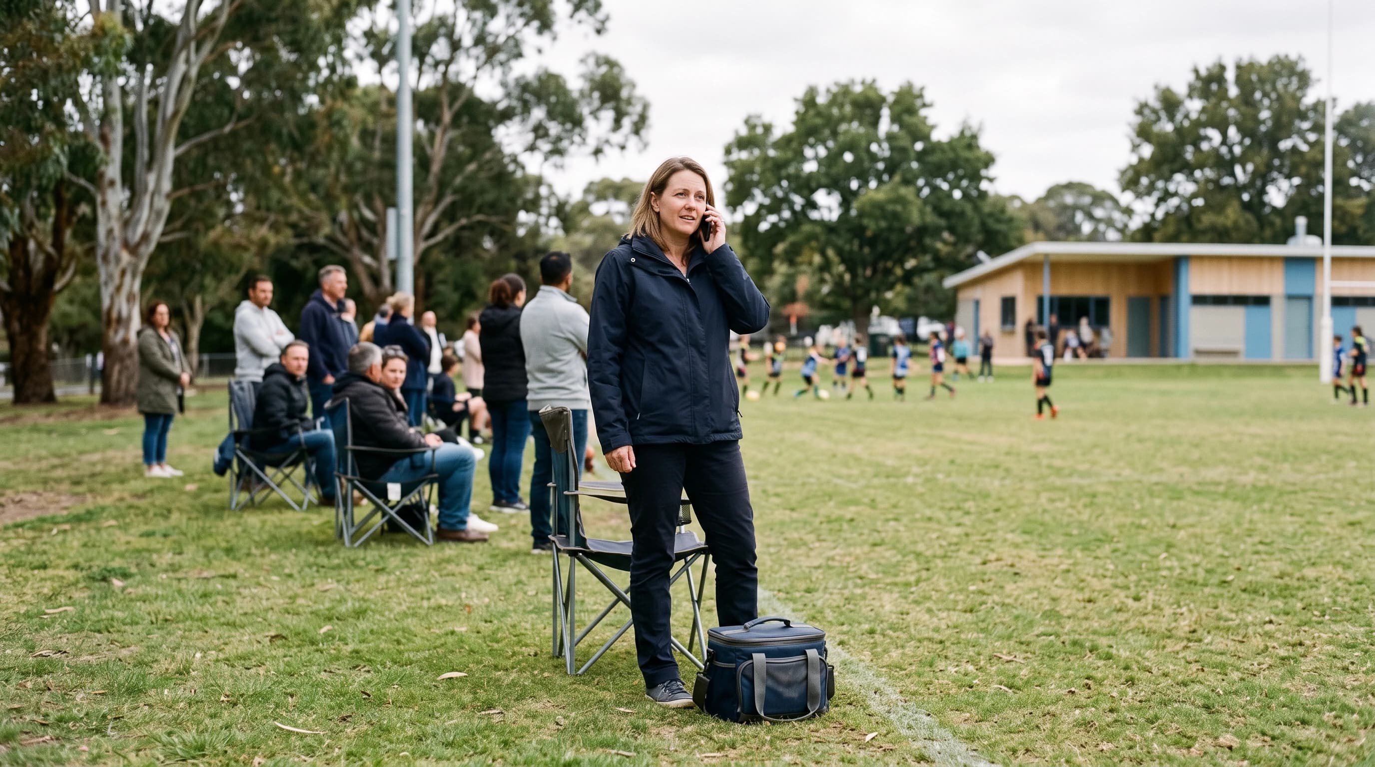 Photo of a parent on the sideline of a sports field calling about a child's match-day injury