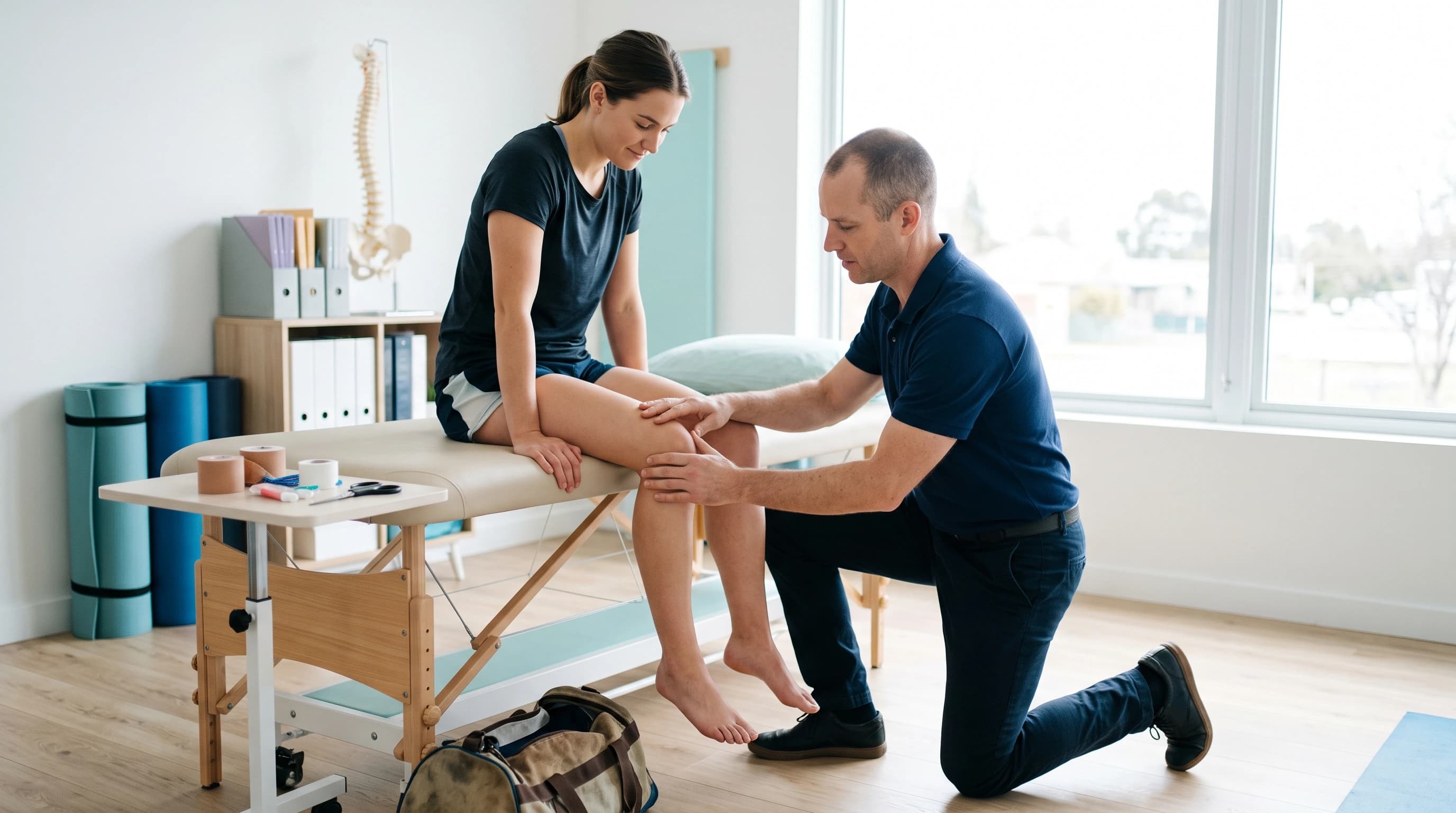Photo of a sports clinician assessing an athlete's knee in a bright sports-medicine clinic