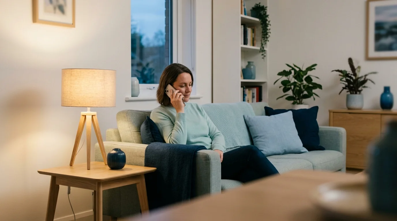 Photo of a person calmly making a phone call at home in the evening
