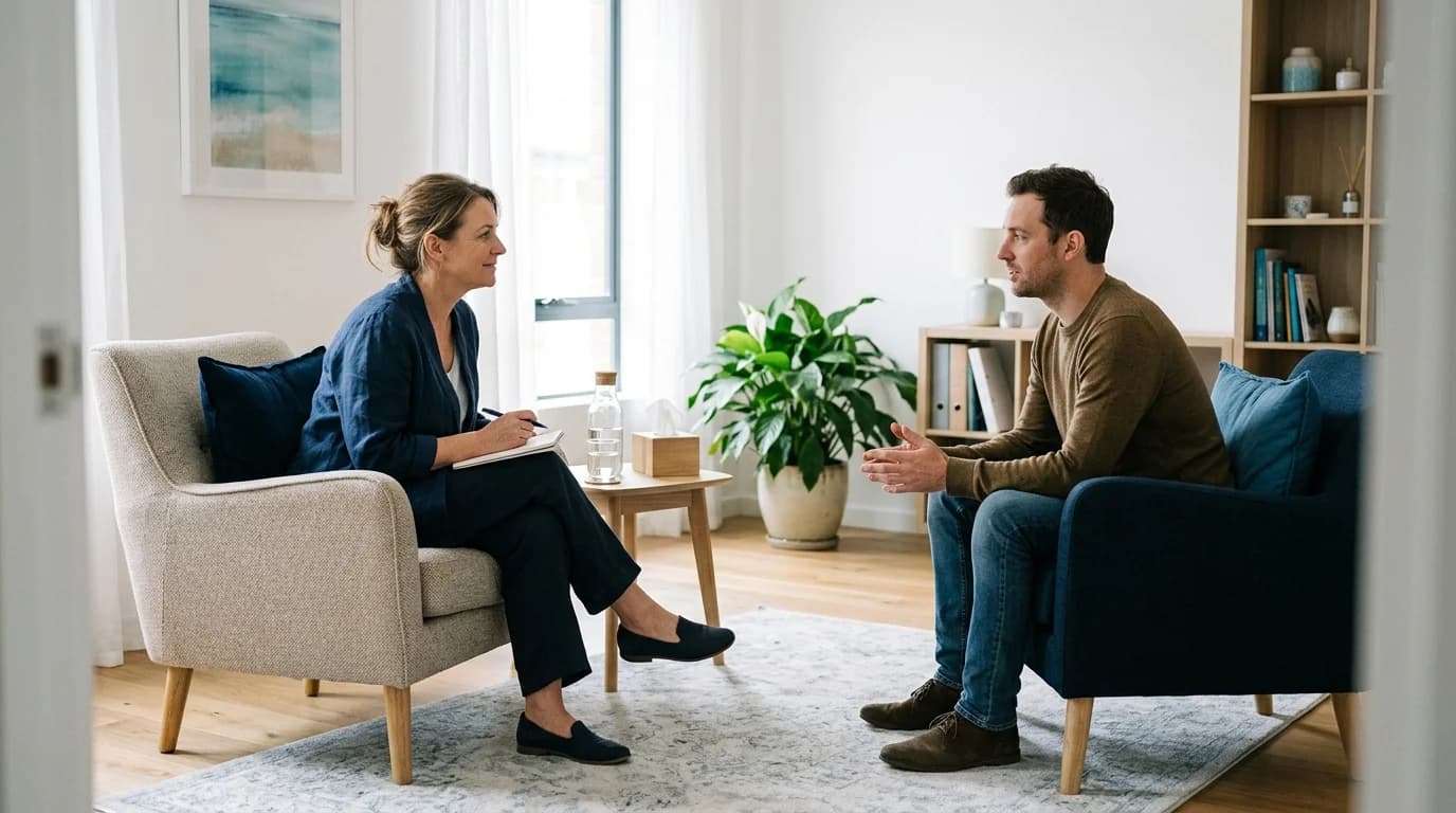 Photo of a therapist and a client talking in two armchairs in a quiet consulting room