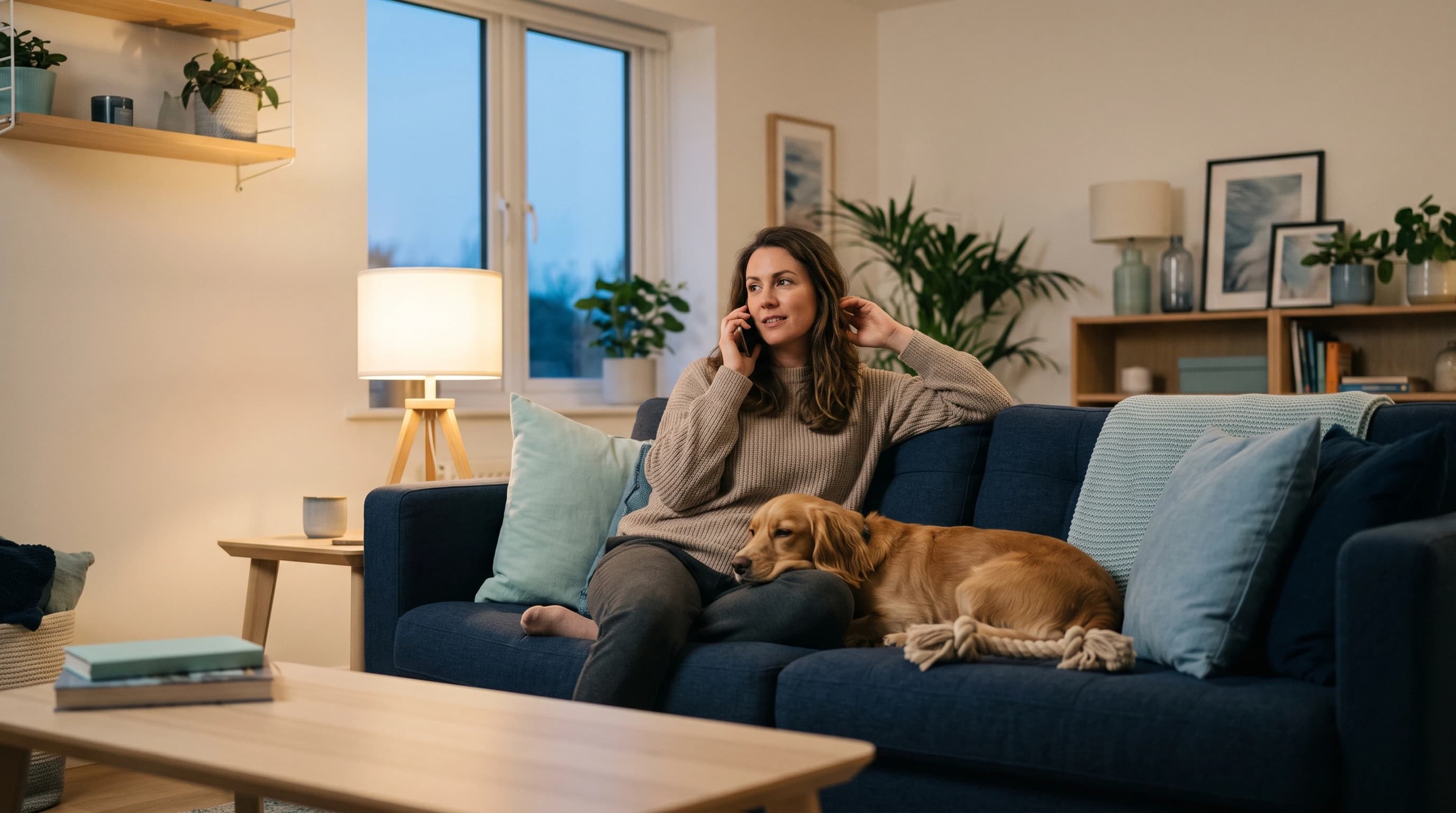 Photo of a pet owner at home in the evening sitting beside their dog while making a phone call