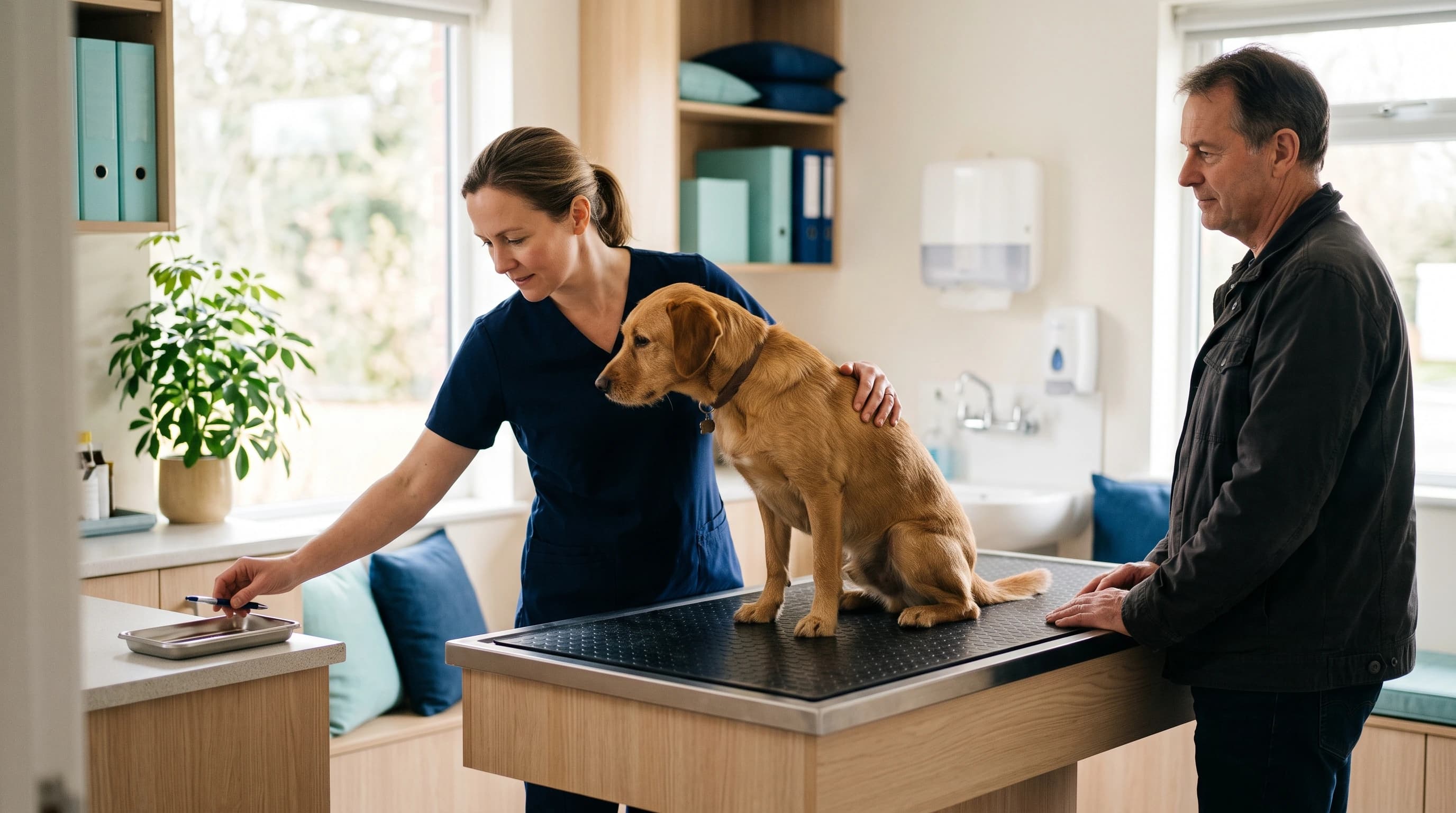 Photo of a vet gently examining a calm dog in a bright consult room while the owner looks on