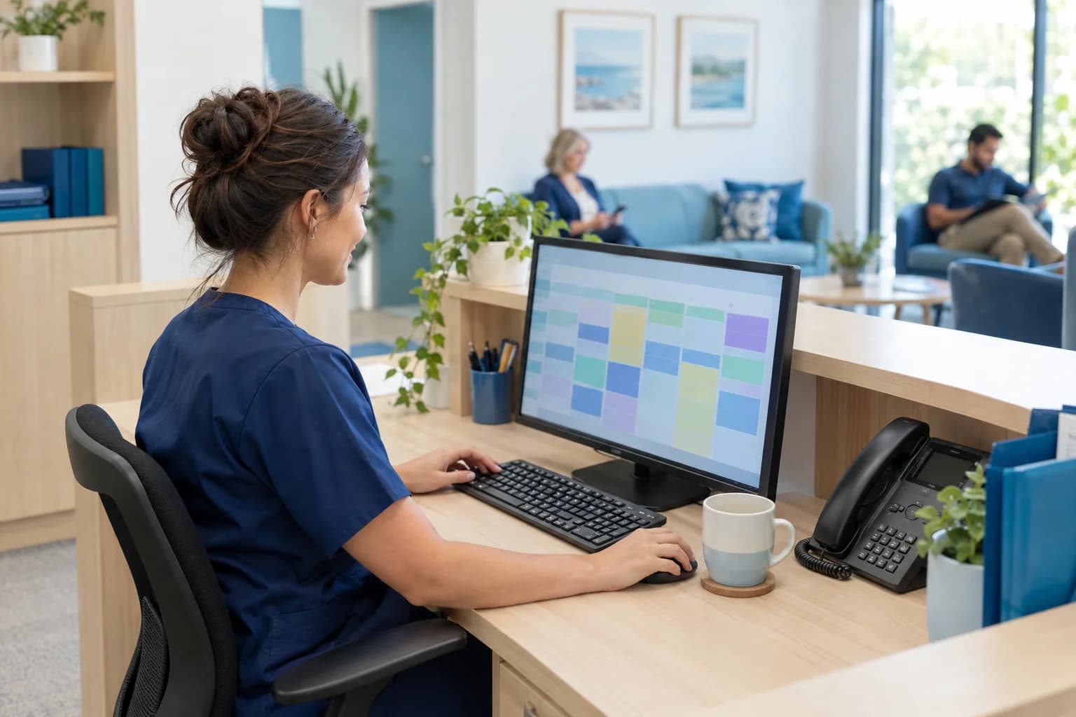 Photo of a clinic receptionist calmly reviewing the day's appointments