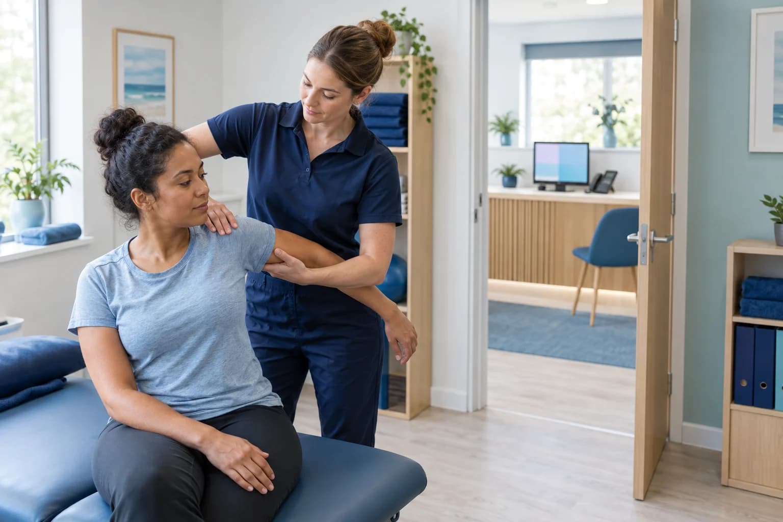 Photo of a physiotherapist treating a patient's shoulder while the clinic's front desk sits quiet behind them