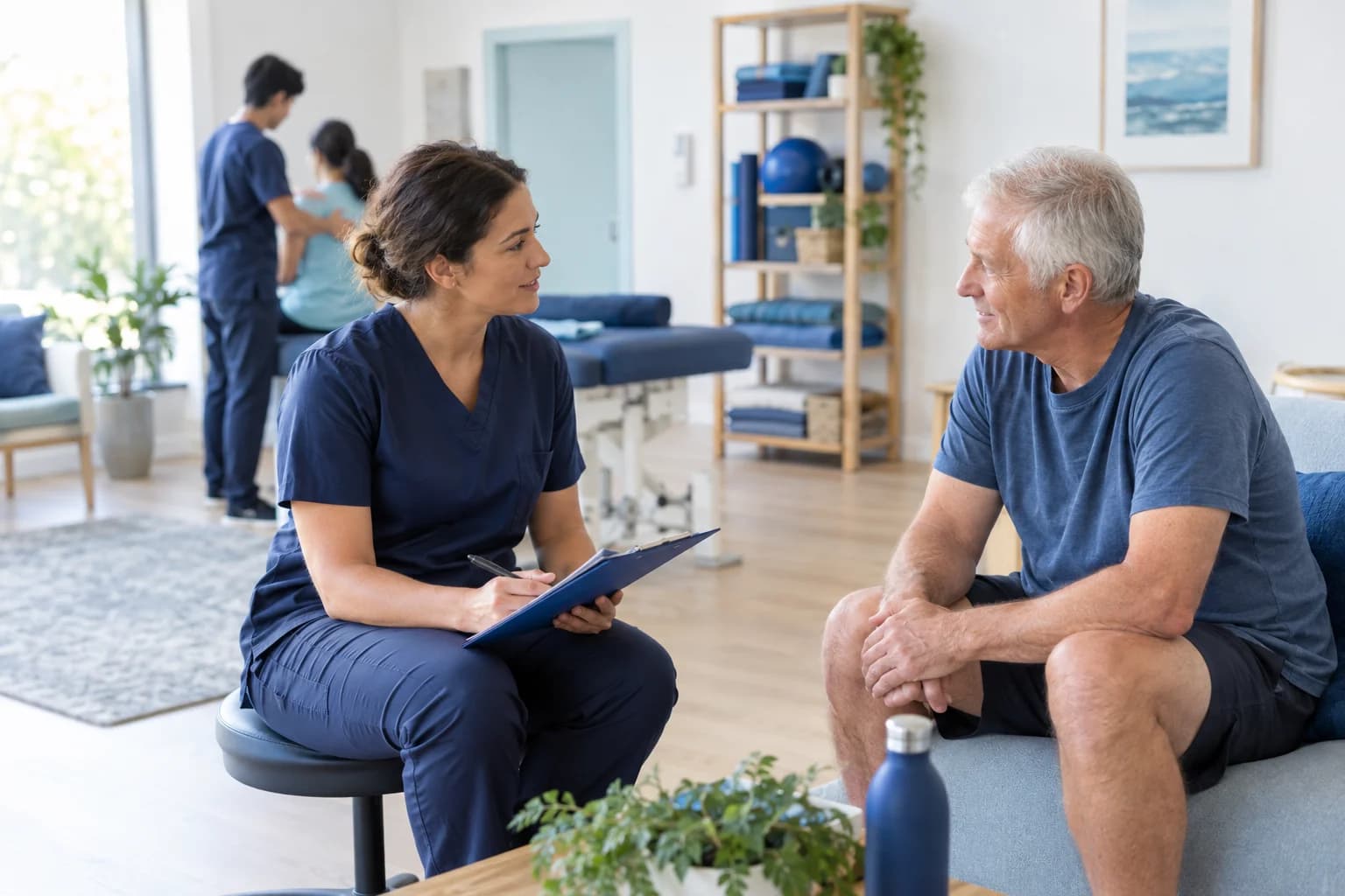 Photo of a practitioner talking with an older patient in a clinic waiting area