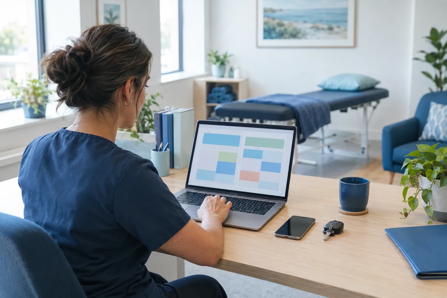 Photo of a clinic owner checking appointments for two clinic locations on a laptop