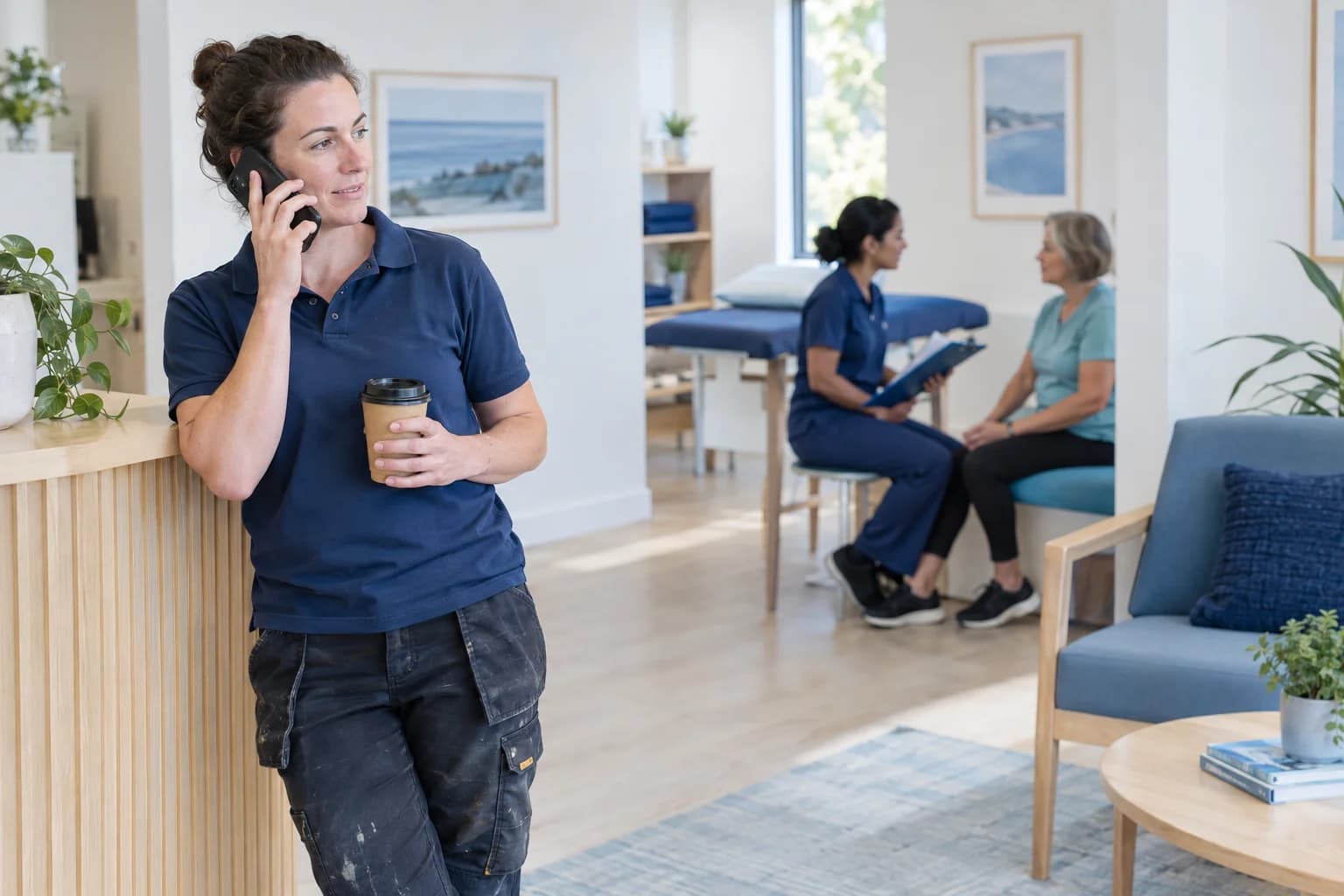 Photo of a woman on the phone with a coffee at a clinic counter