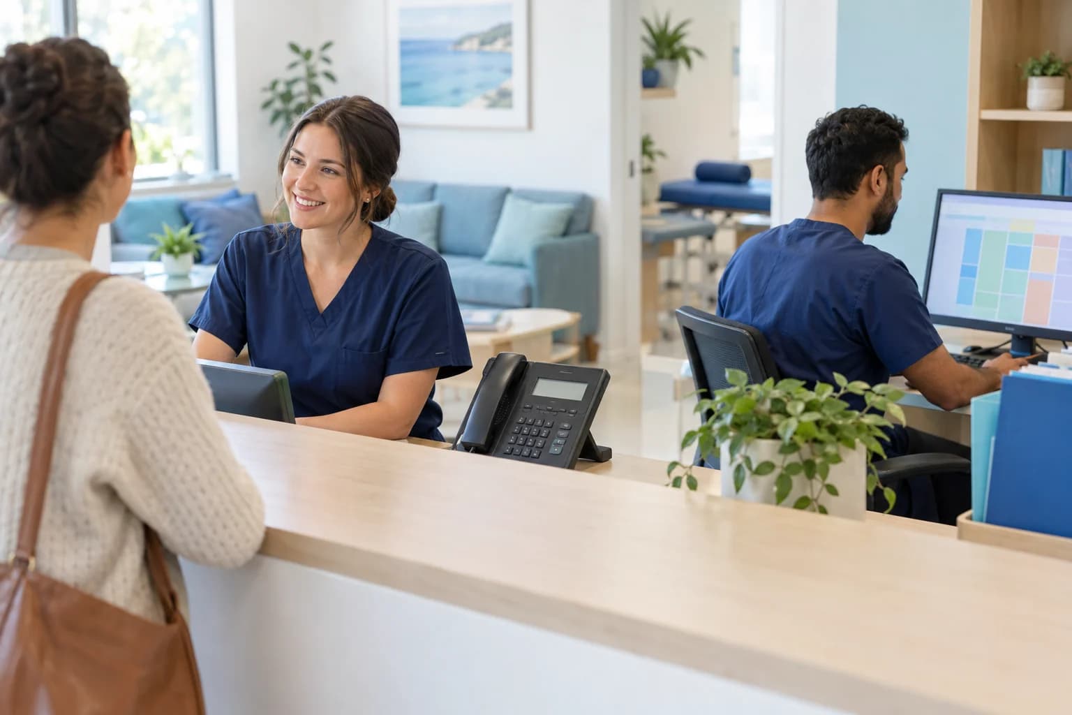 Photo of a busy multi-practitioner clinic reception with two staff working calmly