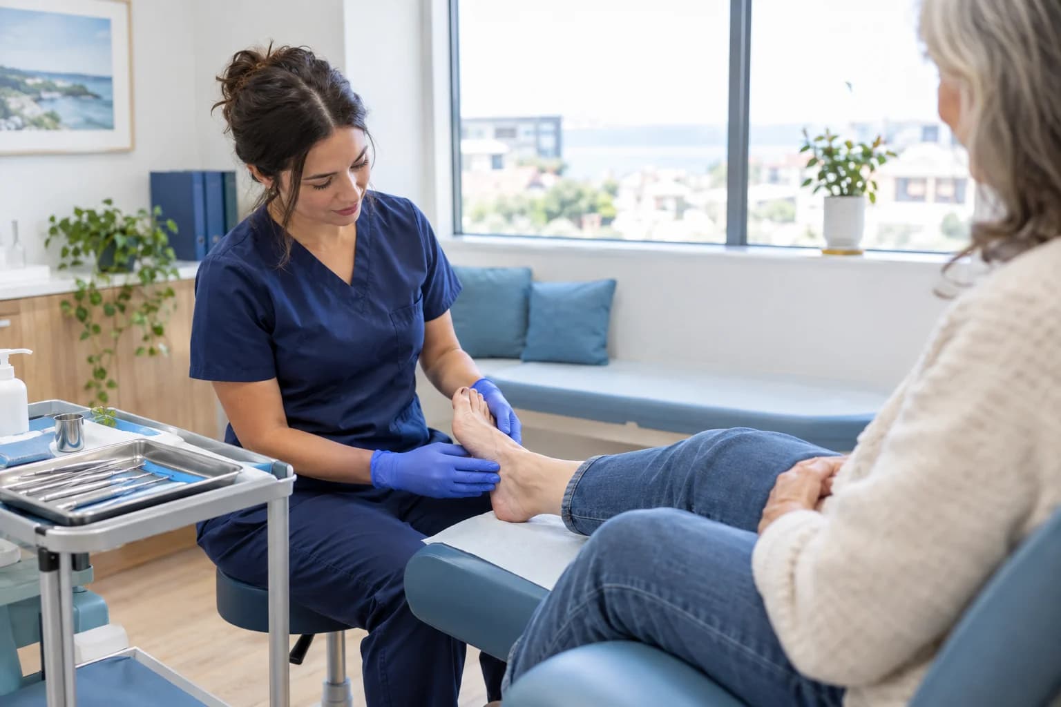 Photo of a podiatrist examining a patient's foot in a bright treatment room