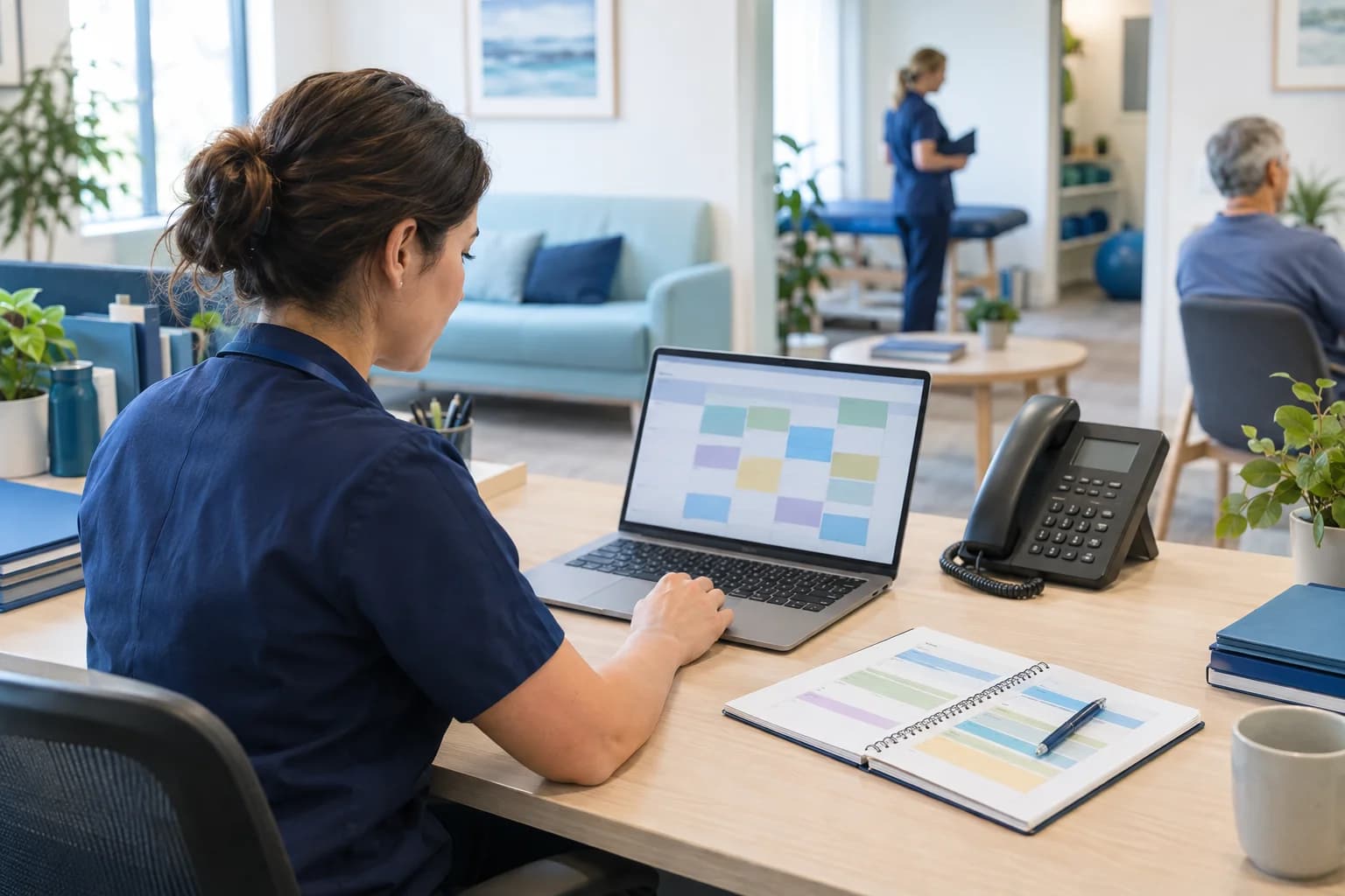 Photo of a practice manager organising the week's sessions in a calm allied-health office