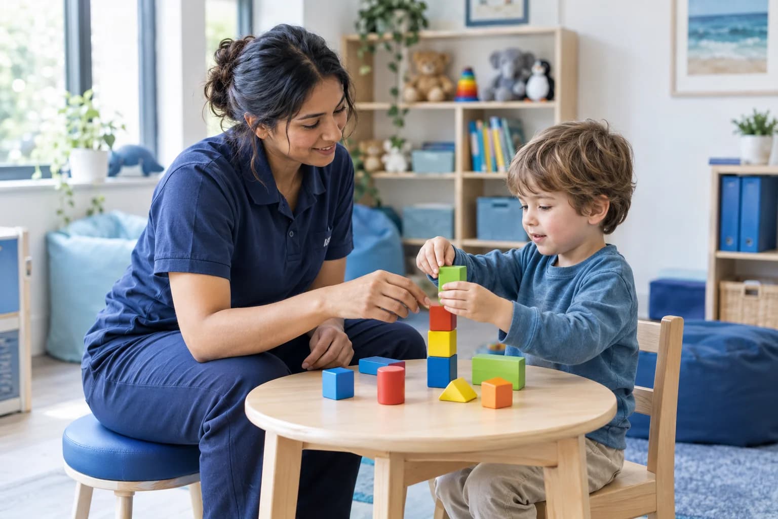 Photo of an occupational therapist working with a young child at a low table