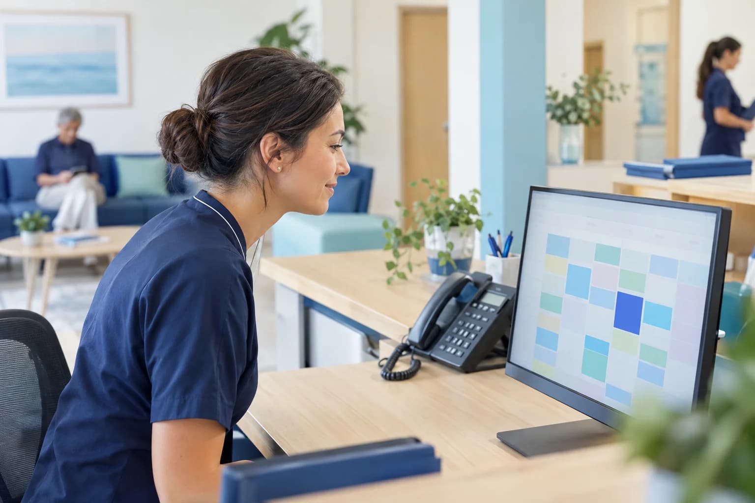 Photo of a clinic receptionist checking a new booking on the clinic computer