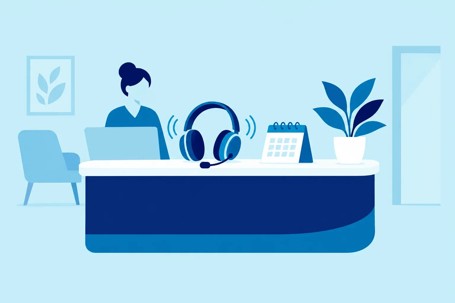 Illustration of a headset on a clinic desk with sound waves and a calendar