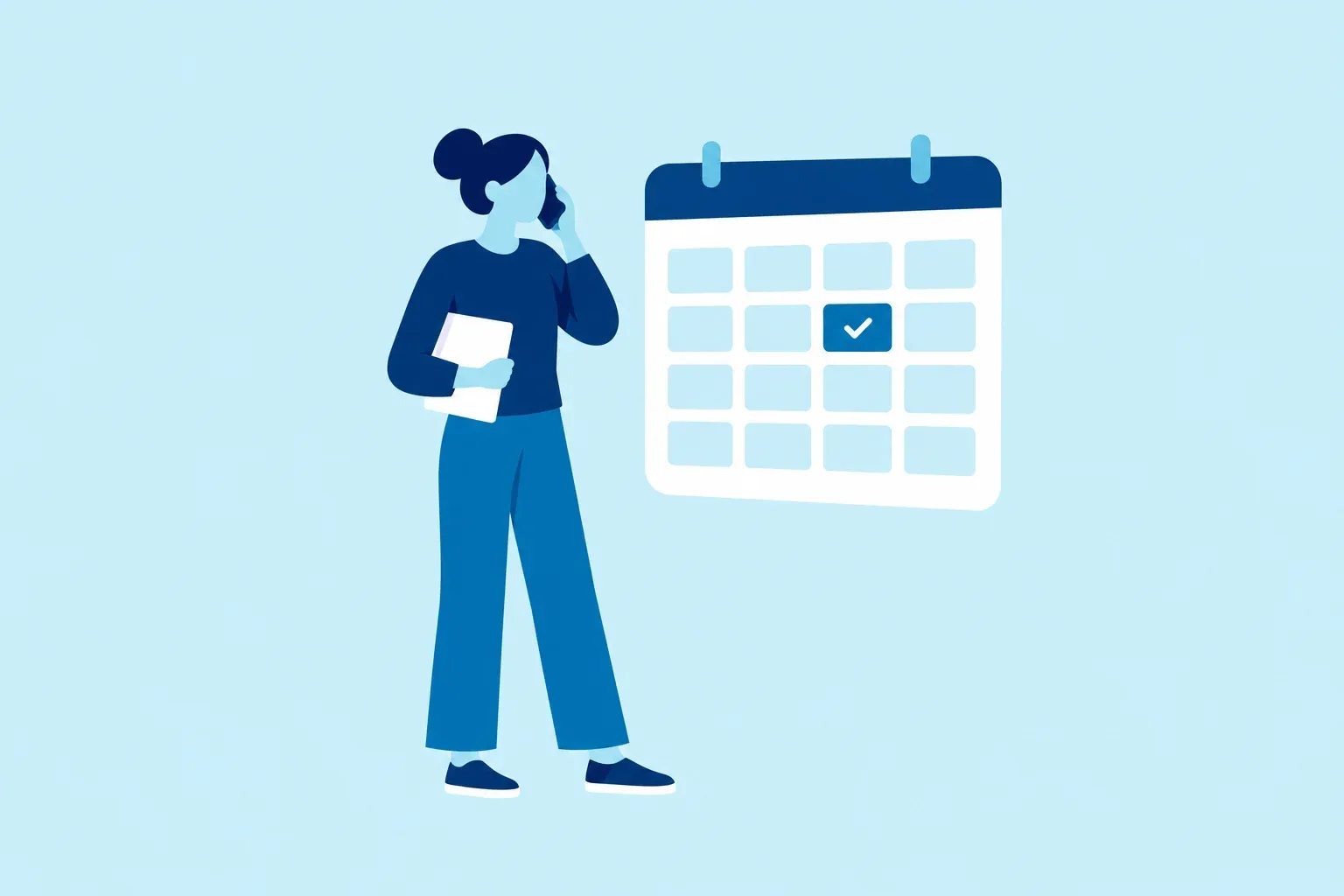 Illustration of a person on the phone with a calendar showing a new booking