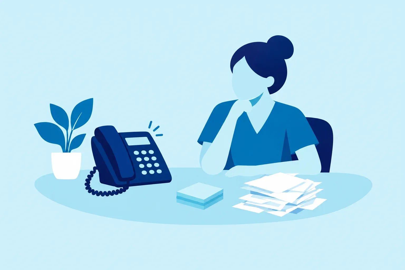 Illustration of a desk phone with a blinking voicemail light and a pile of notes